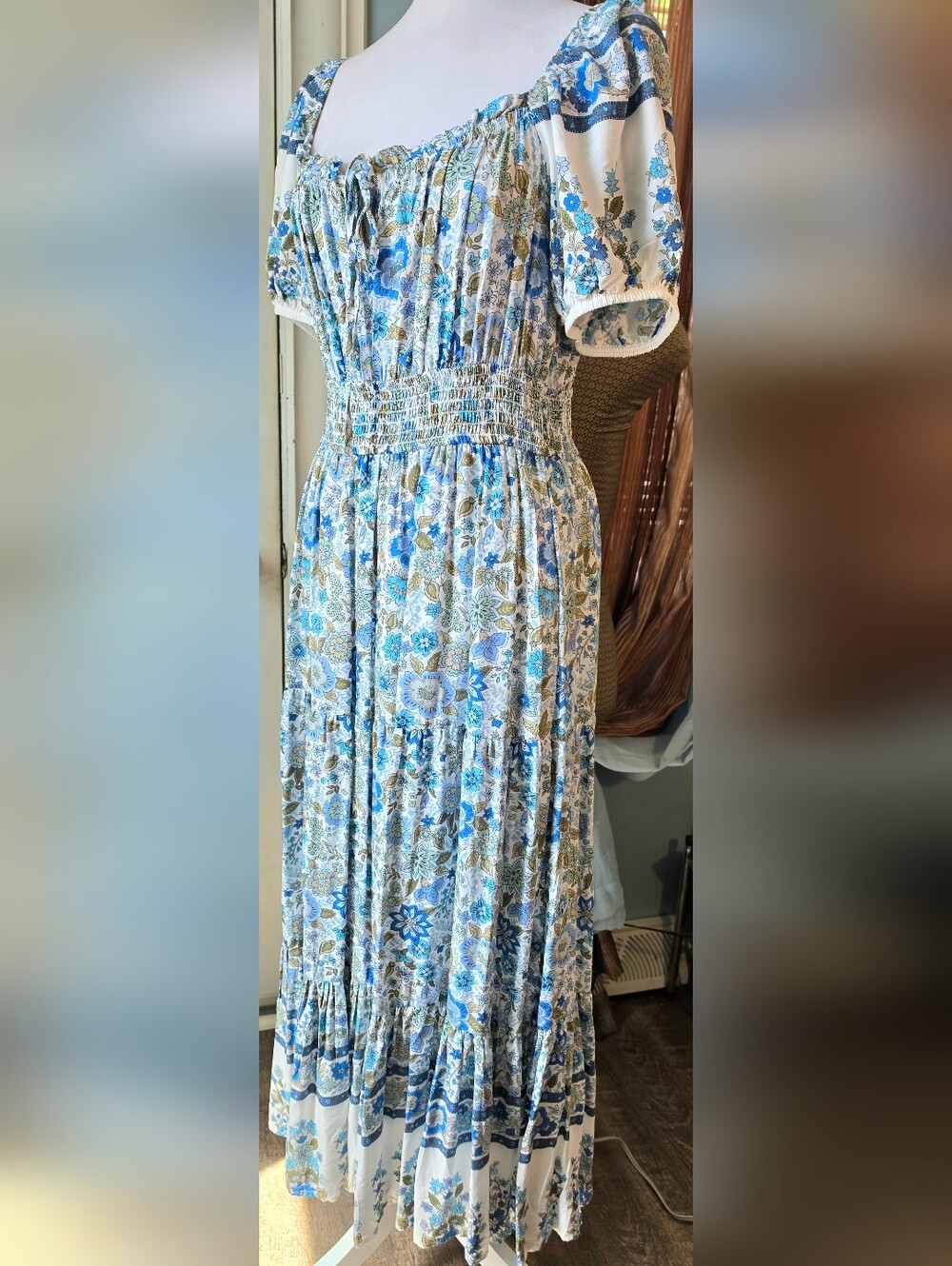 By The River Floral Maxi Dress Womens L Blue White Smocked Waist Puff Sleeves Bo - Picture 2 of 13